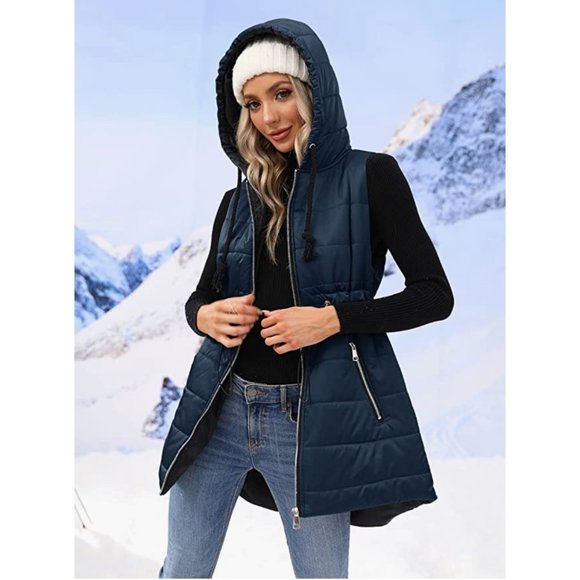 Jackets & Blazers - Navy Blue Yellow Quilted Puffer Hooded Zip Up Long Midi Vest Jacket Gilet Coat